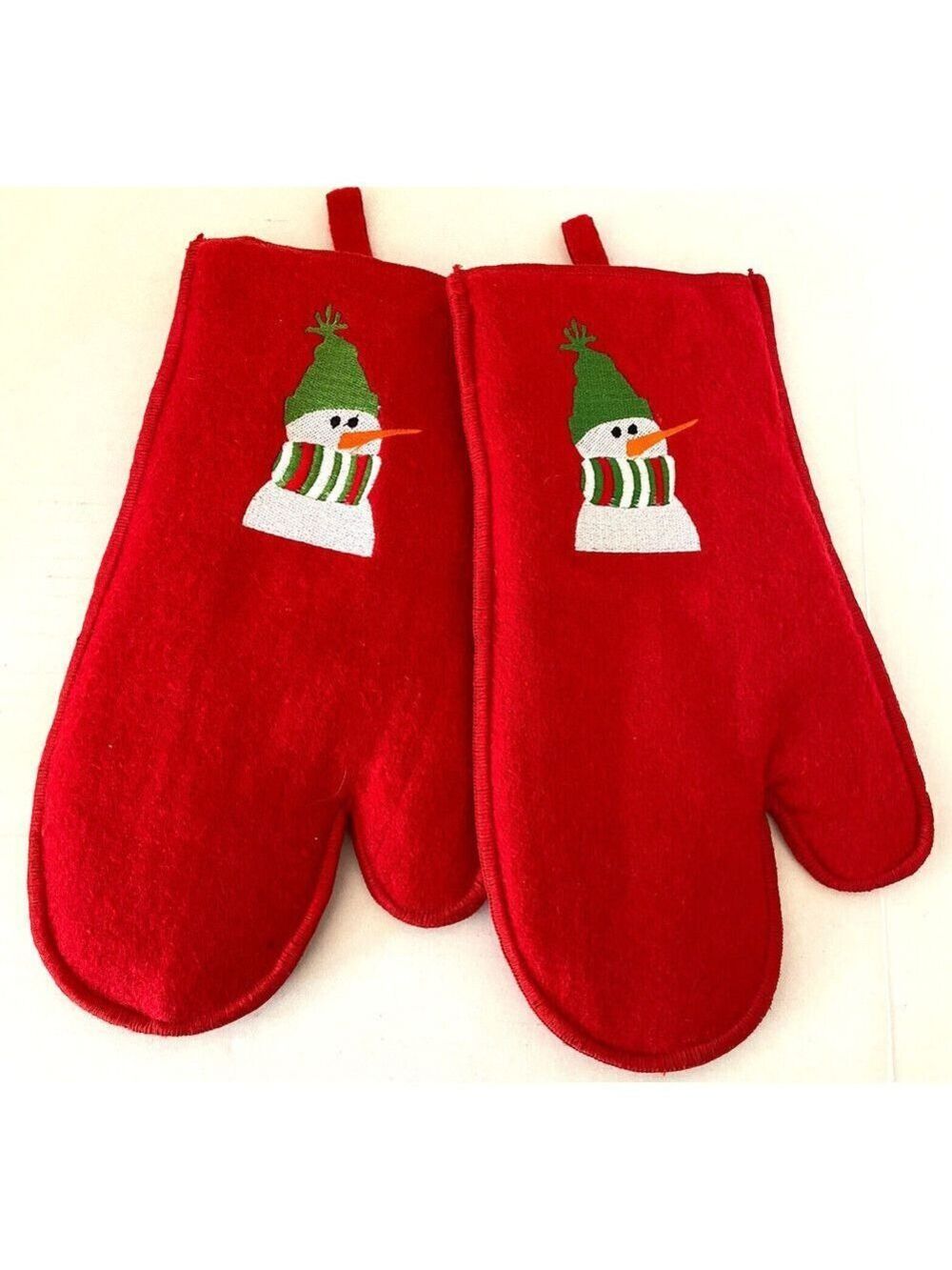 Crate & Barrel Christmas Snowman Oven Mitt Pot Holders Red Wool Felt Set of 2 - Picture 2 of 6